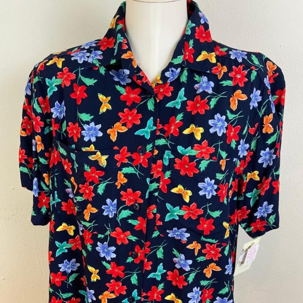 Vintage Christopher Banks Cotton Rayon Navy Blue Floral Blouse with Shoulder Pad